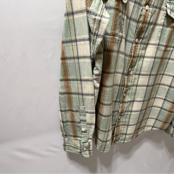LUCKY BRAND Mens Button Up Long Sleeve Shirt Green Tan Plaid Cotton/Linen XXL - Picture 4 of 10